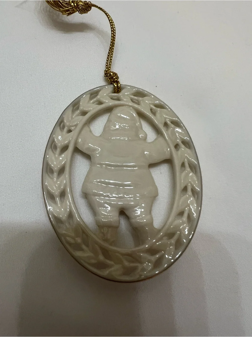 Lenox 1986 Yueltide White Ceramic Santa Hanging Ornament with Gold Cord